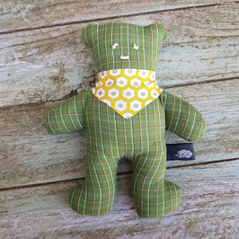 Ourson hochet en coton rayé vert avec bandana jaune