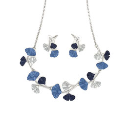 Schmuck-Set 2-tlg. Ginkgoblätter. Blau/Silber