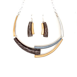 Schmuck-Set. Collier m. Ohrhänger. Gold, silber, braun.