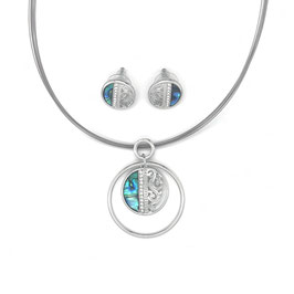 Schmuck-Set. Collier m. Ohrstecker. Silber. Paua Shell.