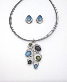 Schmuck-Set. Collier m. Ohrstecker. Blau-grün
