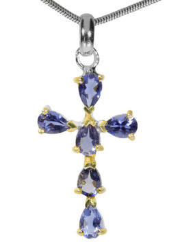 Anhänger. "Kreuz" Echt Iolit. 925 Silber Bicolor.