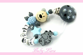 Schnullerkette mit Namen -  Teddy, Stern, Elefant und Sternclip 1080