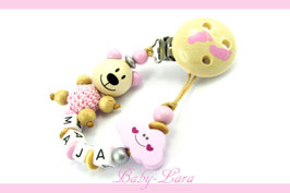 Schnullerkette mit Namen -  Teddy mit rosa Wolke und Motivclip Holz mit rosa Füßen 1090