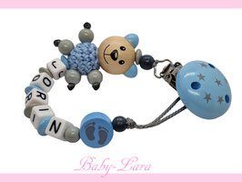 Schnullerkette mit Namen -  Bär mit Babyfüsschen blau 1204