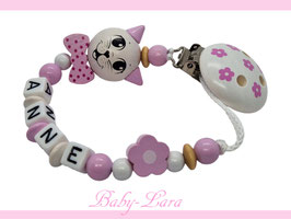 Schnullerkette mit Namen - Katzenkopf, Schleife & Blume rosa/weiß 1201