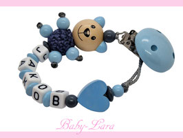 Schnullerkette mit Namen -  Teddy & Herz blau 1157