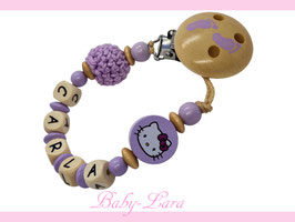 Schnullerkette mit Namen - Hello Kitty & Häkelkugel, Clip mit Babyfüsschen, flieder/natur 1208