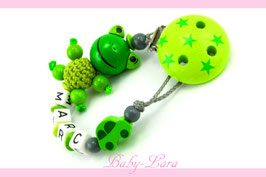 Schnullerkette mit Namen -  Frosch, Auto & Sternclip 1037