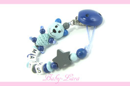 Schnullerkette mit Namen -  Teddy mit Stern blau 1004