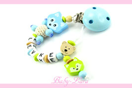 Schnullerkette mit Namen -  Fuchs mit Teddy´s blau/grün/natur 1074