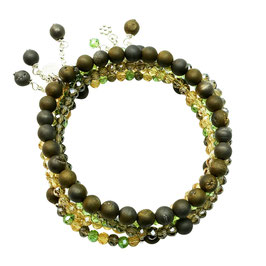 s-0062 Damen ArmbandSET Achatperlen mit Drusen, khaki/-olivgrün mit Kristallen braun-grün-gelb, Silber 925