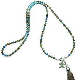 k-0049 Lange Halskette hellbraun hellblau Perlen Impression Jaspis Aquamarine Silber 925ber 925