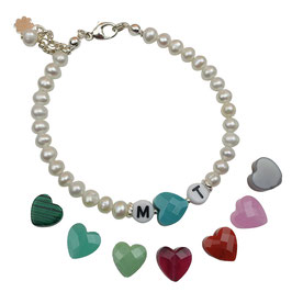 a-0297 Damen Armband personalisierbar weiß Perlen -Herz Farbe wählbar- Buchstaben wählbar - Süßwasserperlen Silber 925 Valentinstag