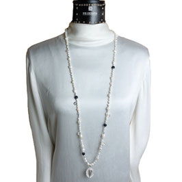 Damen Halskette lang weiße Süßwasserperlen Onyx Madonna-Anhänger Silber 925, Bettelkette k-0086