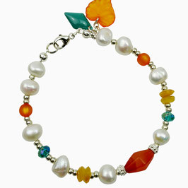 a-0282 Damenarmband Süßwasserzuchtperlen weiß Vintageblatt orange, türkis gelb Silber 925, Natursteine Edelsteine, herbstliches Armband