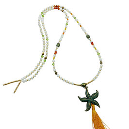 Damen Halskette lang weiß bunt Jade Kristalle Carneol Muschelkernperlen großer Seestern grün patiniert k-0047