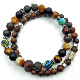 sam-0011 Männerarmband-Set: Edelsteine Jaspis divers, Onyx, Tigerauge, Bronzit, Silber 925