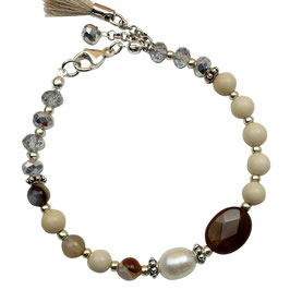 a-0295 Damenarmband grau-braune Perlen Edelsteine Natursteine Kristalle Süßwasserzuchtperlen Quaste