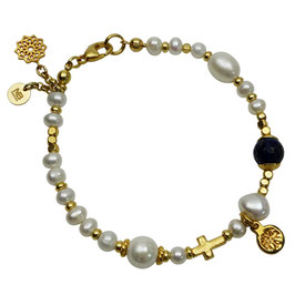 Damen Armband weiß Süßwasserzuchtperlen Lapislazuliperle Lebensbaum-Anhänger vergoldet (Silber 925) a-0323