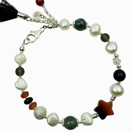 Damen Armband weiß bunt Süßwasserzuchtperlen Edelsteinmix Naturstein-Stern Silber 925 Quaste a-0256