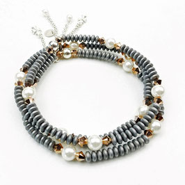 s-0032 Damen-Armband-SET, 3-teilig, graue Hämatitrondelle, weiße Muschelkernperlen, rosé Swarovskibicons, Kettchen und Anhänger in Silber 925