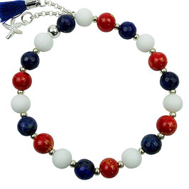 a-0247 Damenarmband aus Jadeperlen weiß und rot, blauer Lapislazuli, Seestern und Zwischenperlen Silber 925