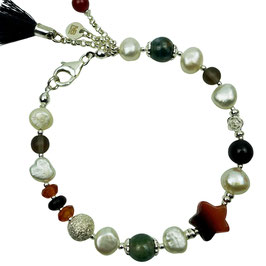 a-0256 Damen-Armband Süßwasserzuchtperlen weiß bunt mit Stern Natursteinmix Echtsilberelemente Silber 925 Quaste