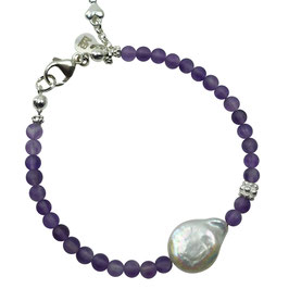 a-0284 Armband Damen Perlen Amethyst matt, große Süßwasserperle, Silber 925, Natursteine, Edelsteine