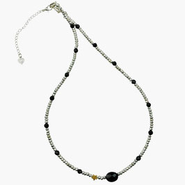 Damen Halskette kurz hellsilber schwarz Hämatitperlen Onyx Stern Silber 925 k-0068