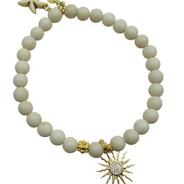 a-0276 Damen-Armband beige Jaspis-Perlen Sonnen-Anhänger vergoldet - Sommerarmband