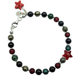 a-0257 Armband Damen Perlen Weihnachten Naturstein-Mix  Onyx Pyrit, Achat, Swarovski Polarisperlen, rote Sterne Glas facettiert