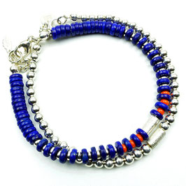 s-0021 Damen-Armband-SET, 2-teilig in Dunkelblau, Lapislazuli-Scheiben, Rocailles orange, Silberperlen 925 (Sterlingsilber)