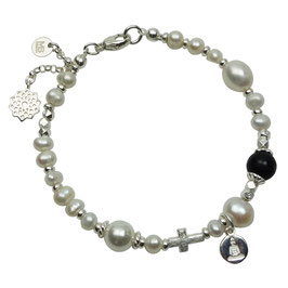 Damen Armband weiß Süßwasserzuchtperlen Onyxperle Buddha-Anhänger Silber 925 a-0322