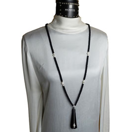 Damen Halskette lang schwarz Onyxrondelle Süßwasserperlen Silber 925 lange schwarze Quaste k-0083