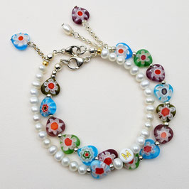 s-0061 Damen ArmbandSET bunte Millefiori-Glasherzen, Süßwasserzuchtperlen, Buchstabe frei wählbar
