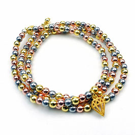 s-0022 Damen-Armband-SET, 3-teilig Perlen Hämatitperlen Gold Roségold und Grau Diamantform-Anhänger Silber 925, 24 Karat vergoldet