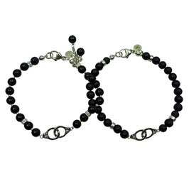 palo-004 Partner-Armbänder: Matte Onyxperlen, Handschellen Silber 925, Kettchen und Verschluss Silber 925