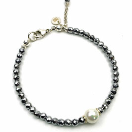 Damen Armband silbergrau Hämatitperlen facettiert, Muschelkernperle Silber 925 a-0057