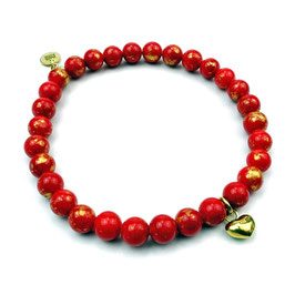Damen Armband rot gold Jadeperlen Herz-Anhänger in Silber 925 24 Karat vergoldet a-0192