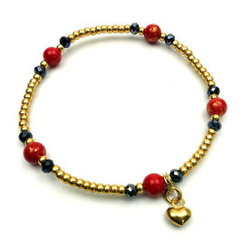 a-0221 Damenarmband aus kleinen Rocailles, goldfarben, rote Jadeperlen, blaue Kristalle, Herzanhänger massiv aus Silber 925 24 Karat vergoldet