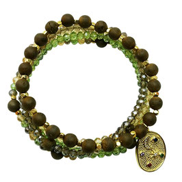 s-0063 Damen ArmbandSET Achatperlen mit Drusen, khaki/-olivgrün mit Kristallen braun-grün-gelb, vergoldet