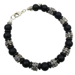 a-m-0033 Männerarmband schwarze Onyxperlen mit geschwärzten, massiven Silberperlen