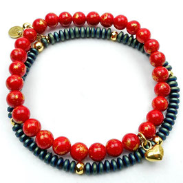 s-0030 Damen-Armband-SET, 2-teilig in Rot und Grün, Jade rot-gold, Hämatit grün, Herz-Anhänger Silber 925 24 Karat vergoldet