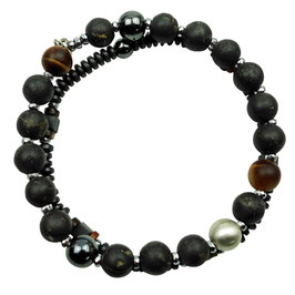 Männerarmband-Set schwarz Pyriytperlen braune Tigerauge Hämatit Silber 925 Edelsteinarmband,sam-0012