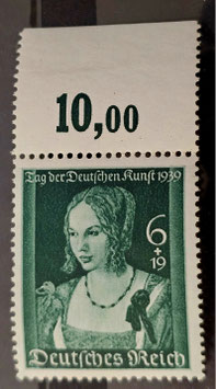 1939 Deutsche  Kunst  6  + 19 Pfg. grün Oberrand postfrisch