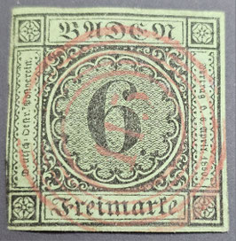 Baden 1851 Ziffer im Kreis 6 Kr. schwarz auf gelblichgrün NS 115 rot  gestempelt