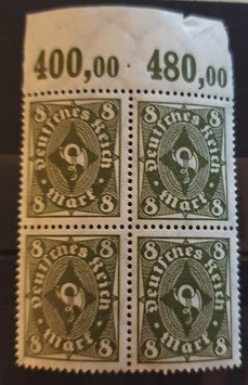 1922 8 Mark Inflation Posthorn Briefmarke, postfrischer Viererblock vom Platten Oberrand