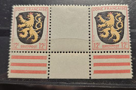 1945 Allgemeine Ausgabe 12 Pf. postfrisches Zwischenstegpaar - rechte Marke mit PF IV ** geprüft