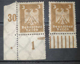 1924 Freimarken 3 Pfennig Adler Unterrand Walzen und Ecke unten links Plattendruck